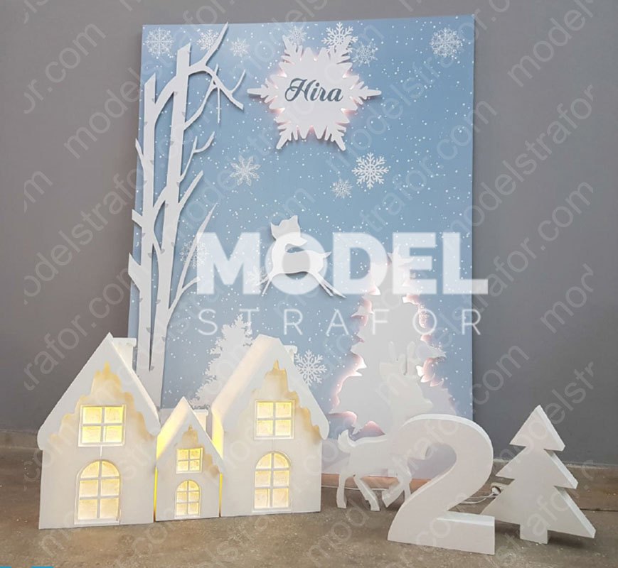 Kış Temalı Organizasyon Işıklı Ev ve Fotoblok Pano